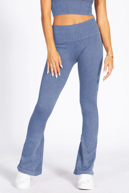 Denim Blue Women's Stone Washed Ribbed Yoga Pants Front view Up Close