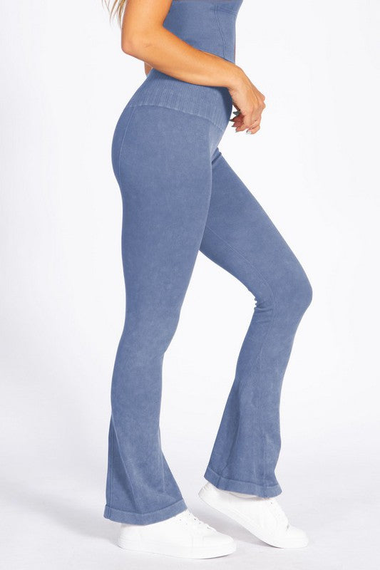 Denim Blue Women's Stone Washed Ribbed Yoga Pants Side view