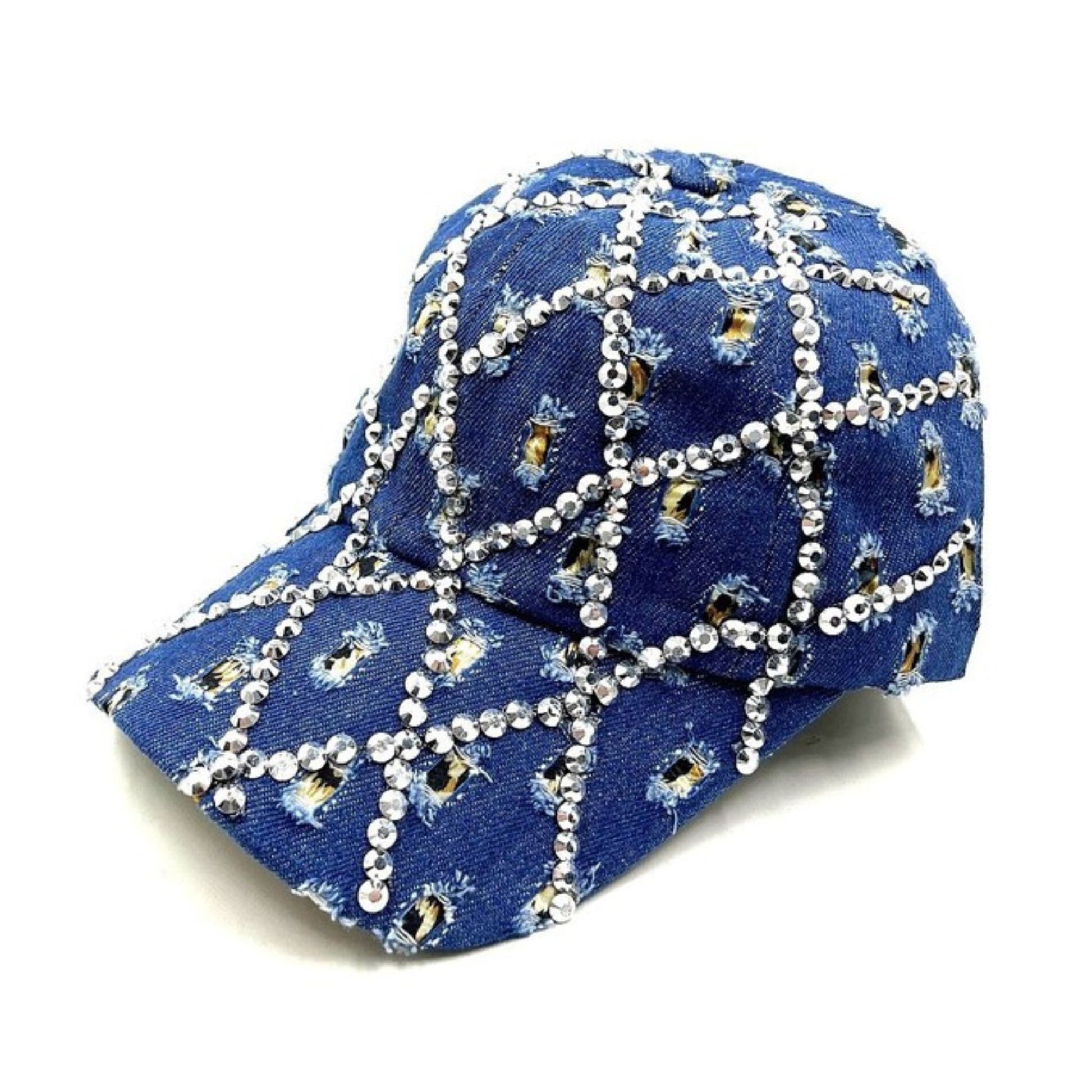 Blue denim cap with white rhinestone embellishments on a white background