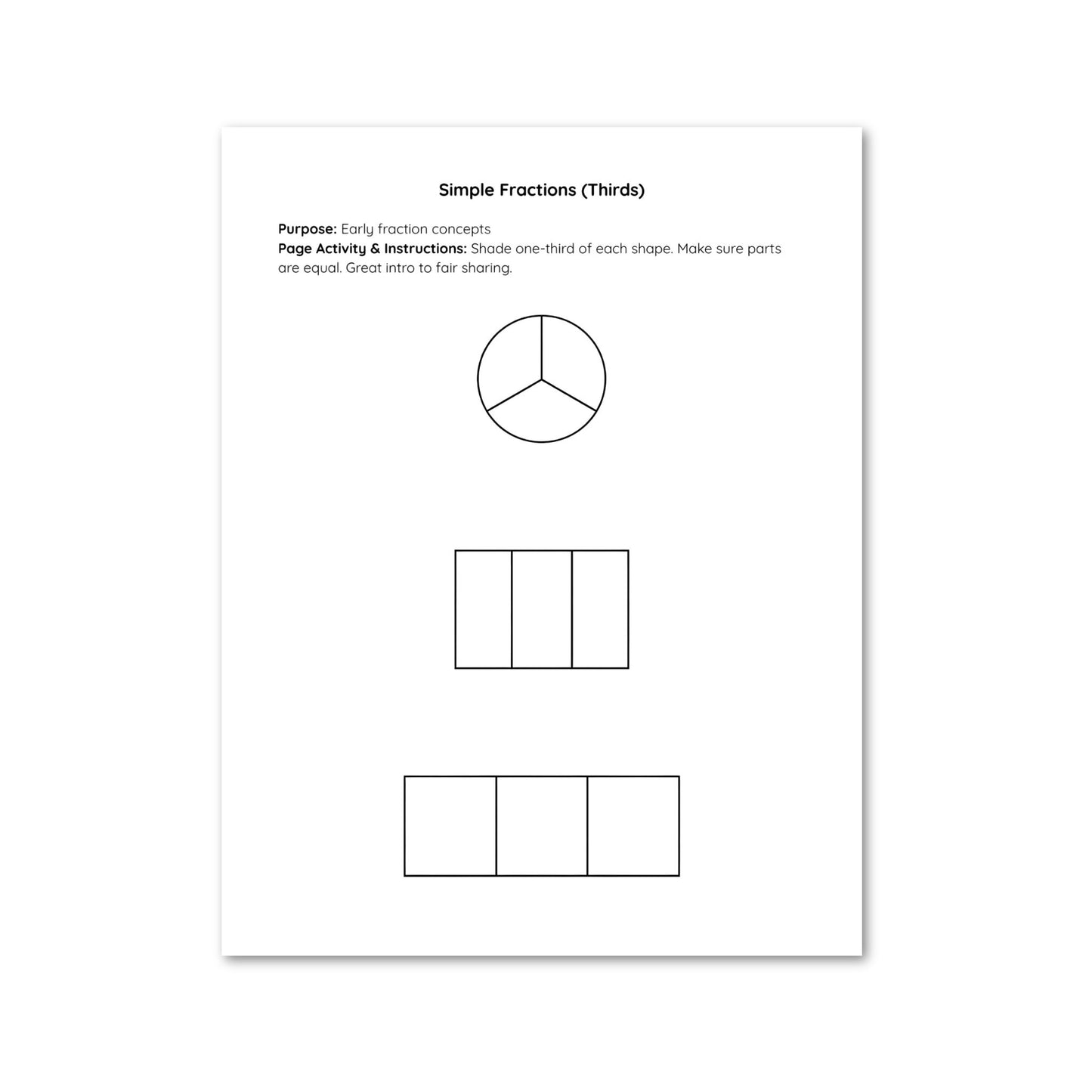 Educational worksheet on simple fractions with a pie chart and rectangular shapes.