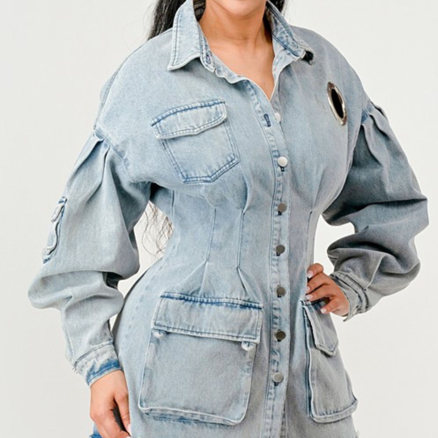 Eyelet-detail_Denim_JacketDress_-_Front_view_hands_with_hand_on_side