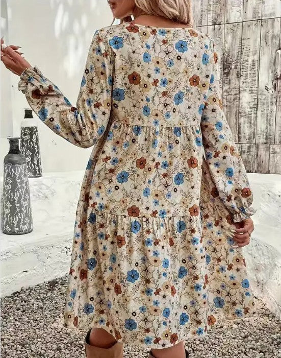 Floral Tiered Dress – Long Sleeve Cinched Boho Style with Ruffle Detail Back view
