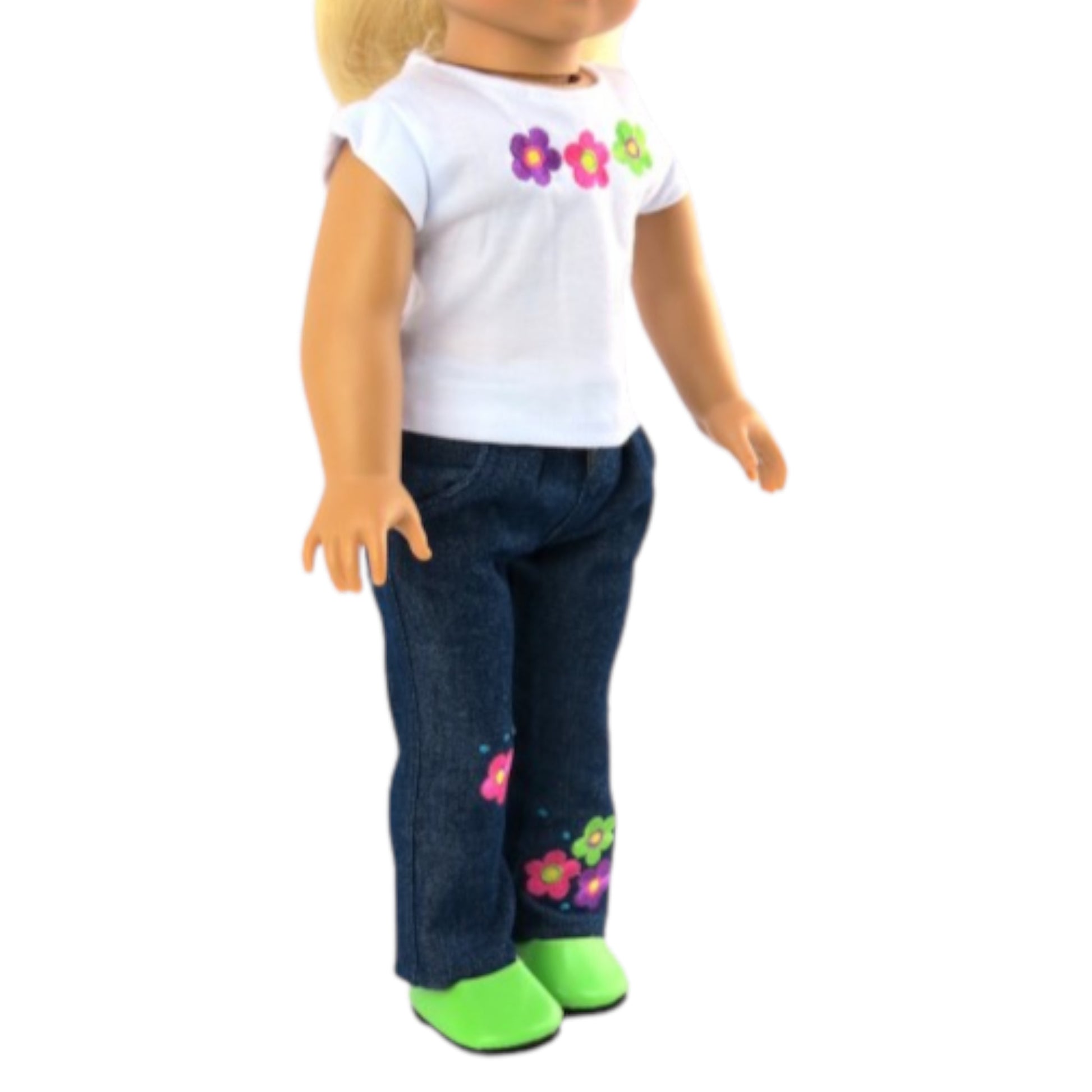 Flower Power T-shirt with Denim Pants for 18-inch dolls with doll Side view