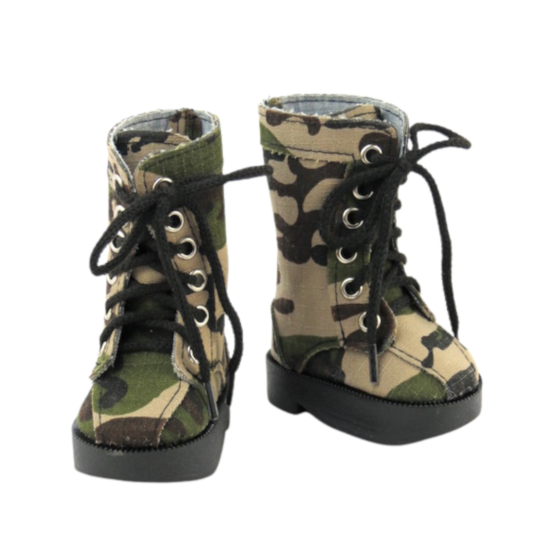 Forest Green Camouflage Boots for 18-inch dolls Side and Inside view