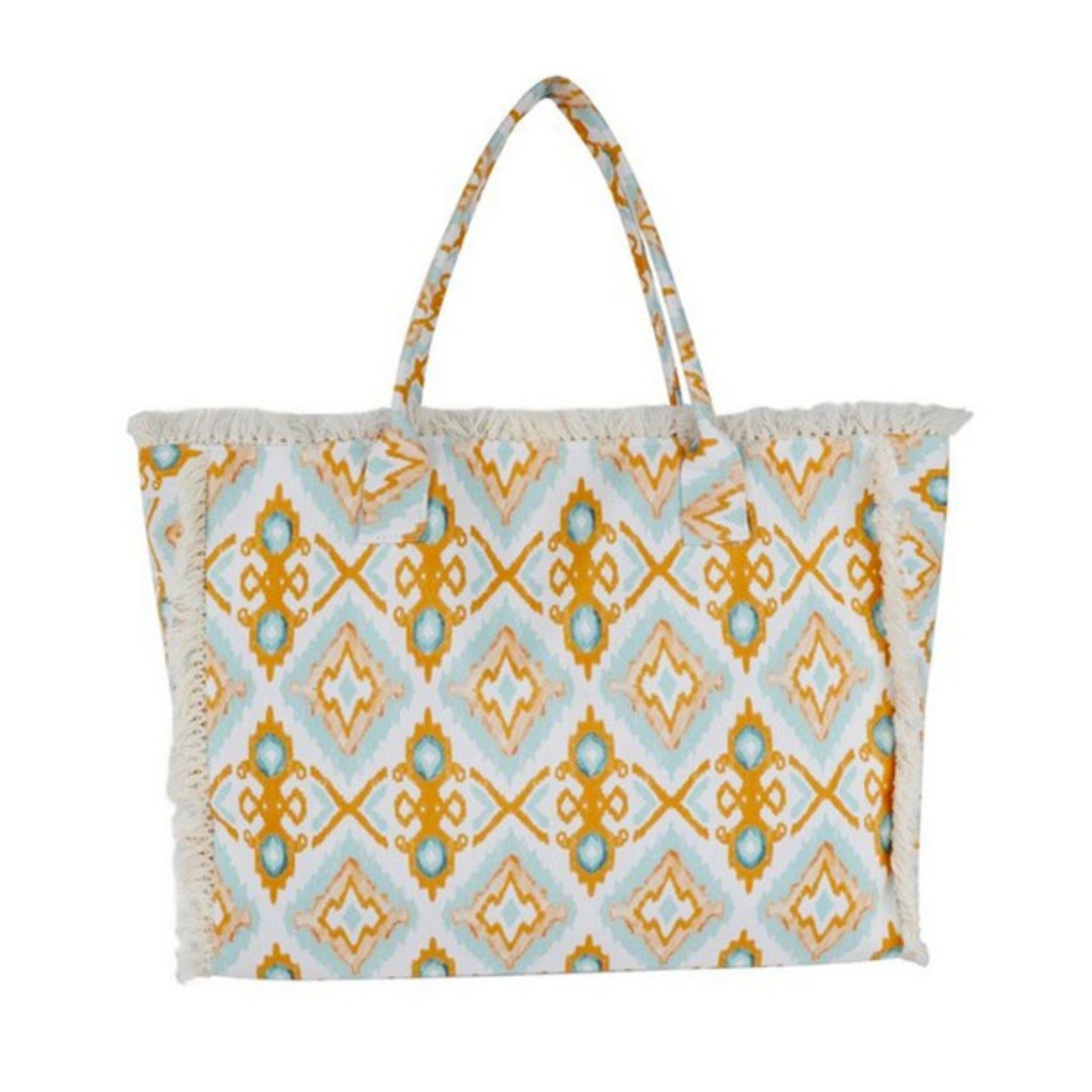 Patterned tote bag with a white background