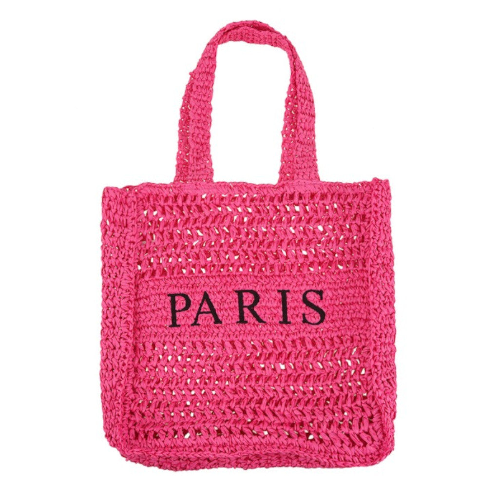 Fucshia PARIS Embroidery Straw Tote Bag Front view