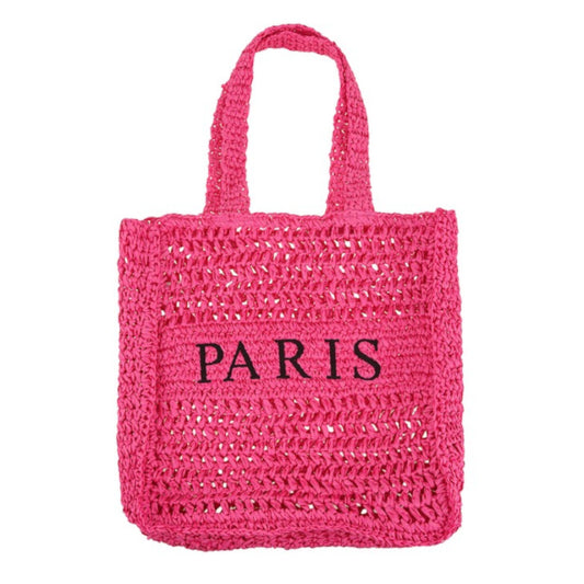 Fucshia PARIS Embroidery Straw Tote Bag Front view