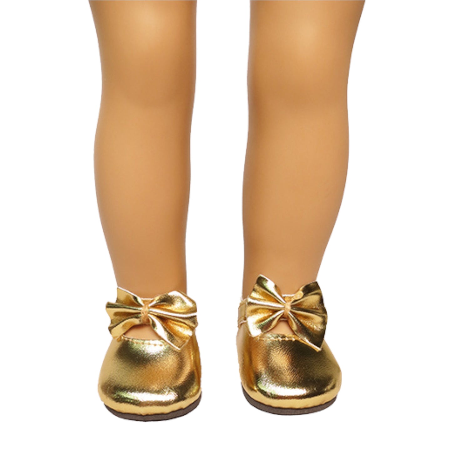 Gold Metallic Bow Flats ro 18-inch dolls with doll