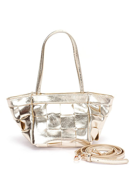 Gold Metallic Faux Leather Weaved Small Tote Bag Front view