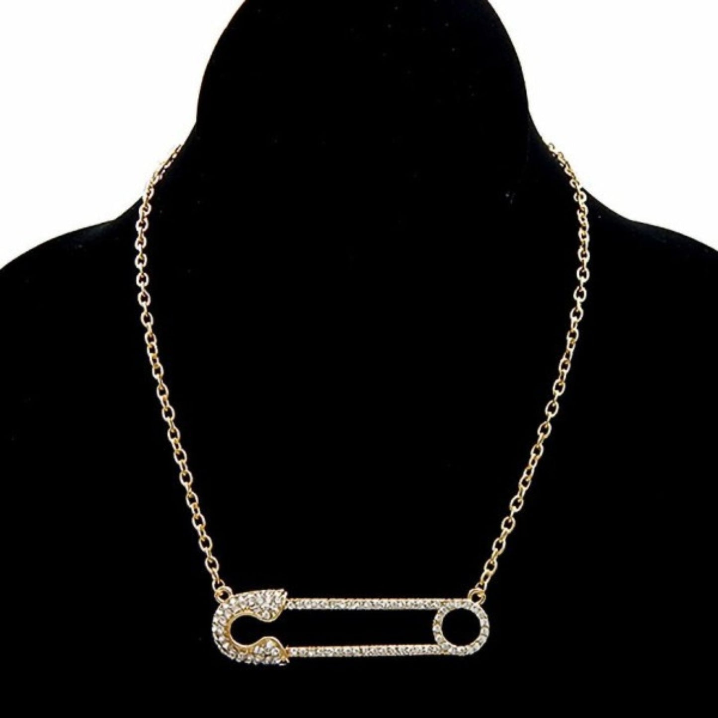 Gold Safety Pin Rhinestone Chunky Chain Necklace