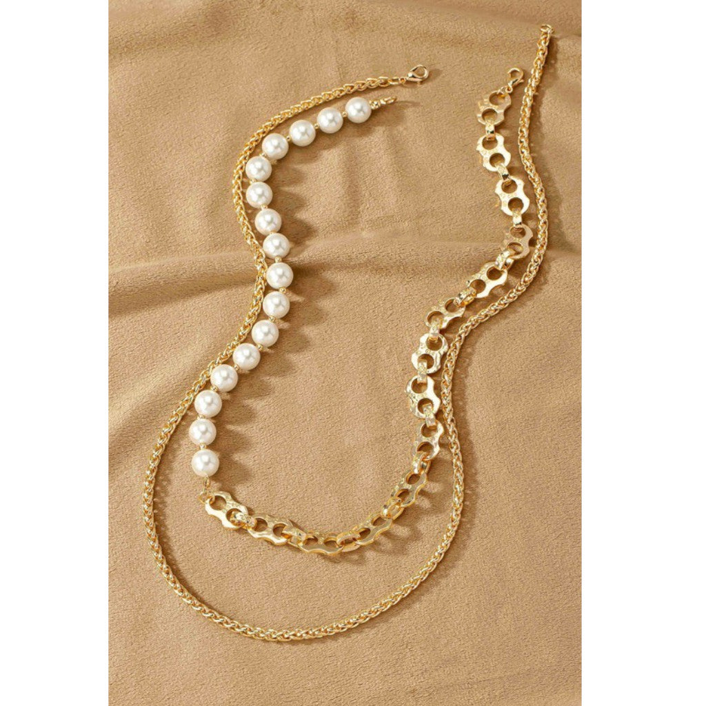 Gold Two Row Asymmetric Pearl and Chain Necklace
