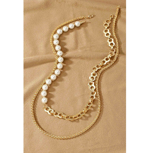 Gold Two Row Asymmetric Pearl and Chain Necklace