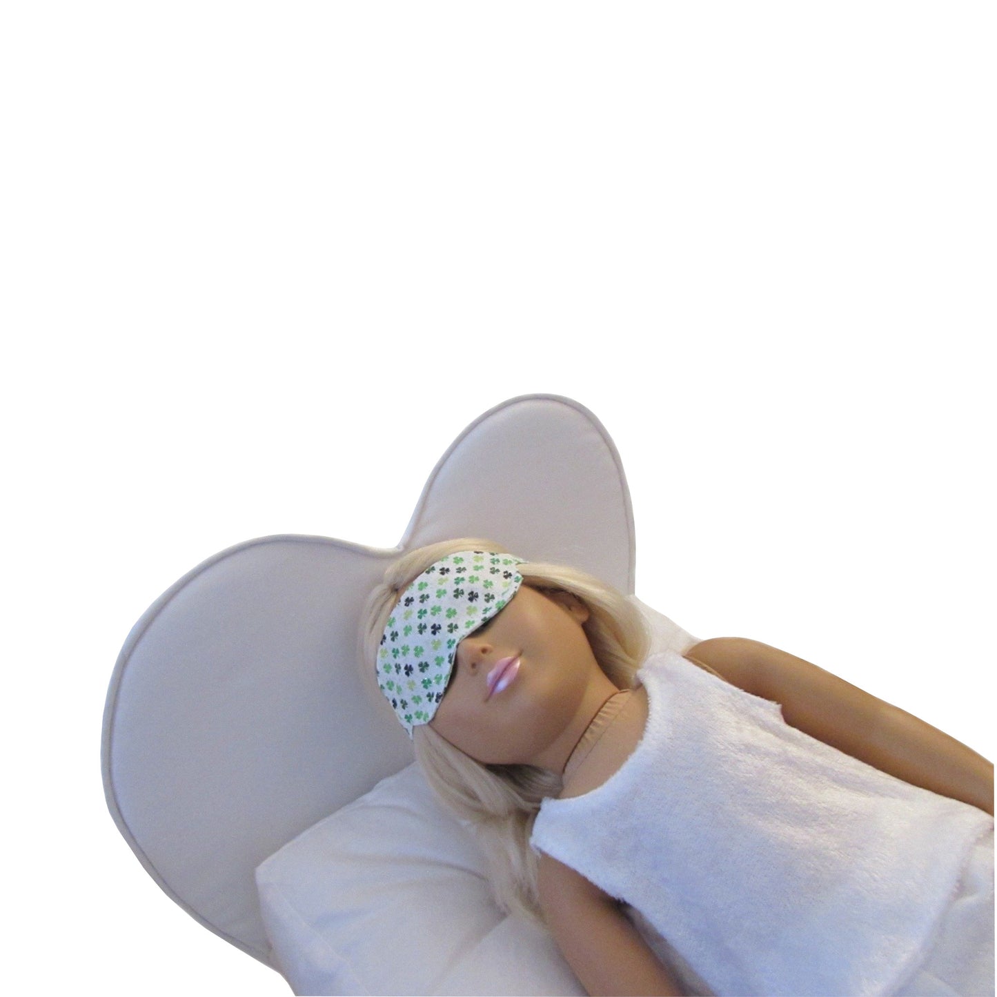 Green Clover Print Doll Sleep Mask, White Heart Doll Bed, Doll, White Pajamas for 18-inch dolls Second view