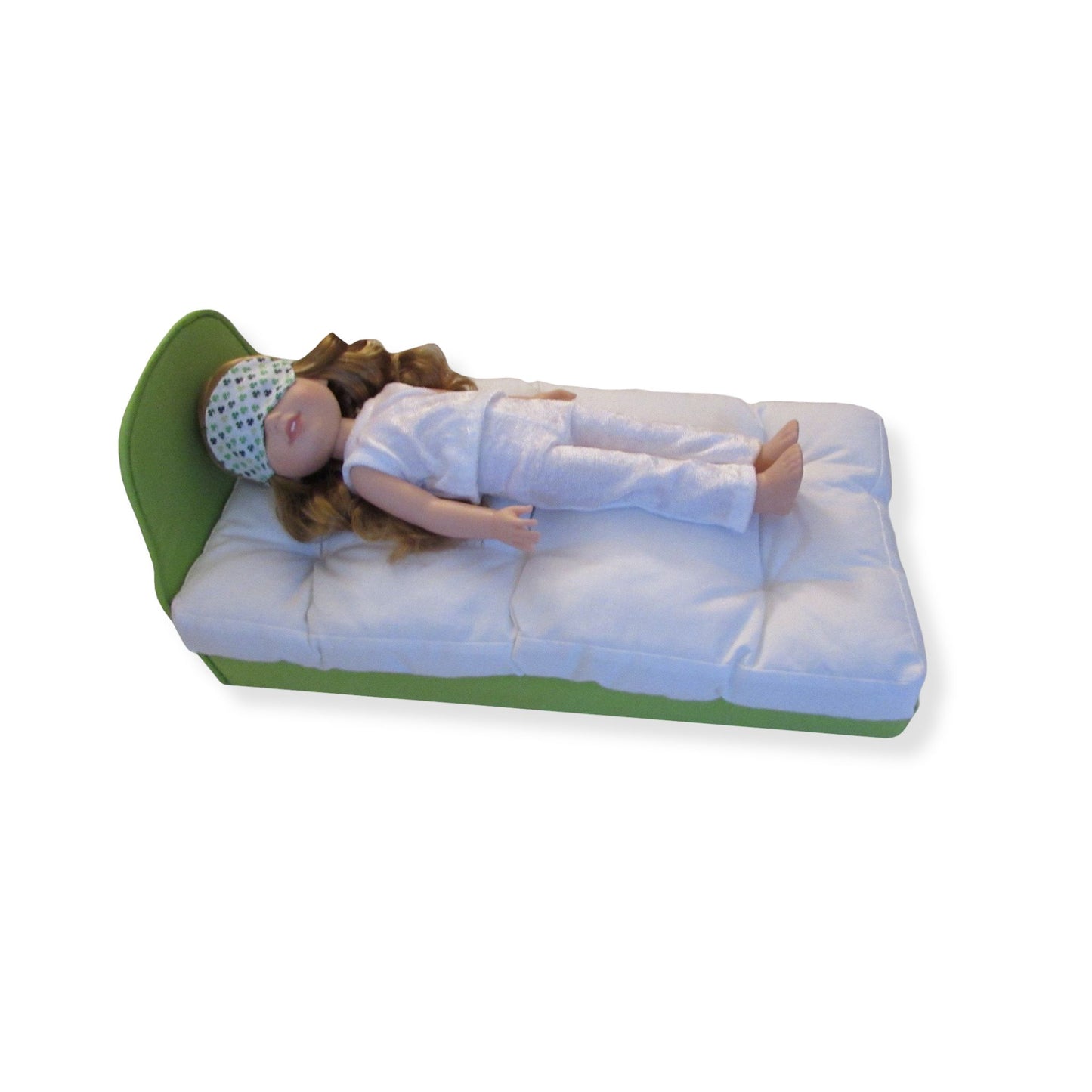 Green Clover Print Doll Sleep Mask, Light Green Doll Bed, Doll, White Pajamas for 14.5-inch dolls
