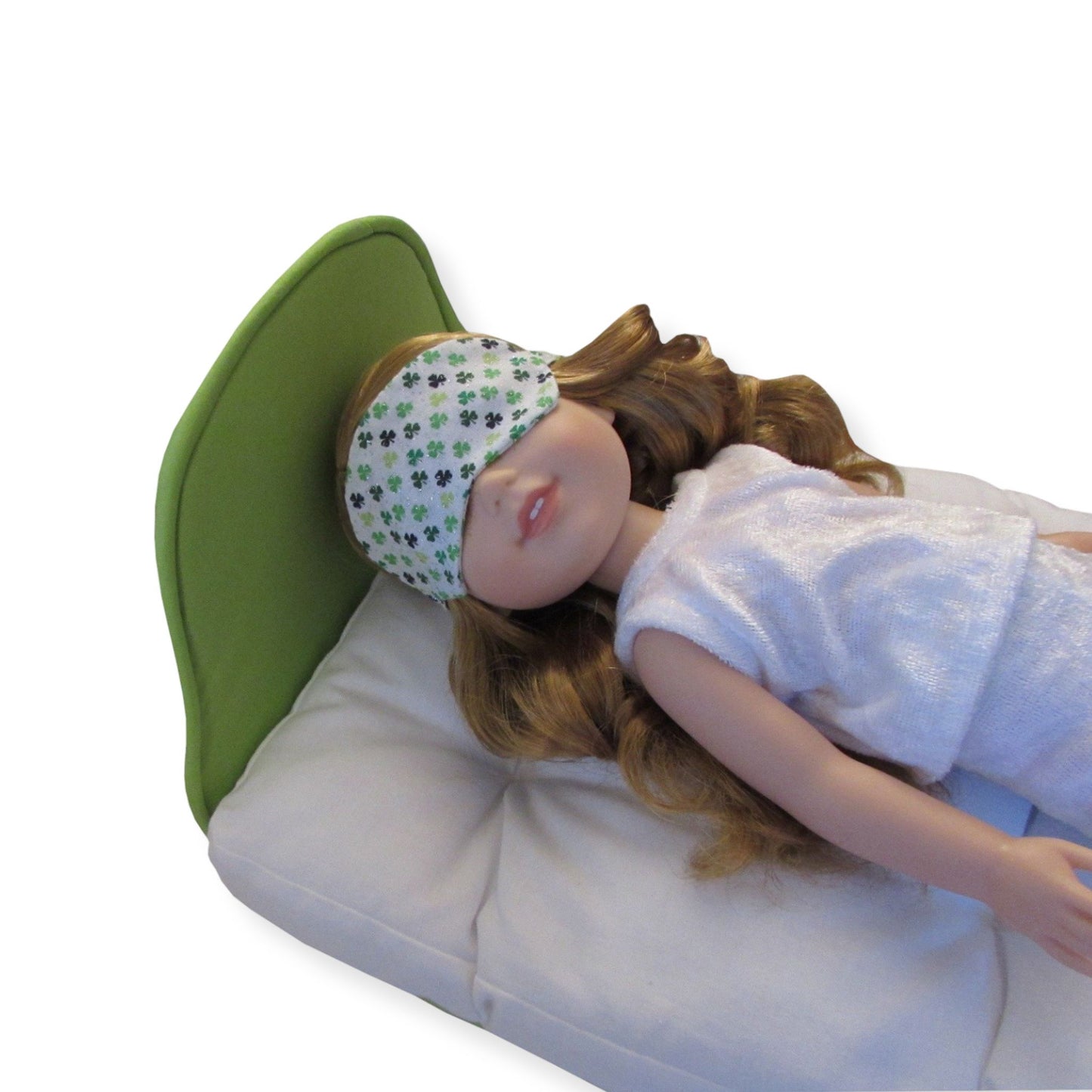 Green Clover Print Doll Sleep Mask, Light Green Doll Bed, Doll, White Pajamas for 14.5-inch dolls Second view