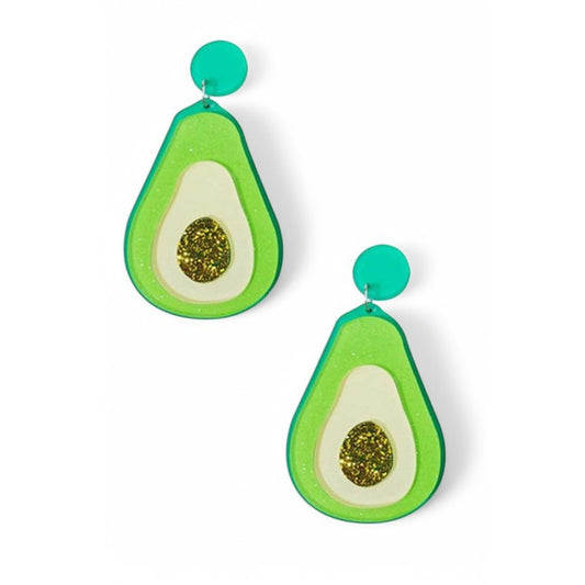 Avocado-shaped earrings with green and gold glittery centers on a white background