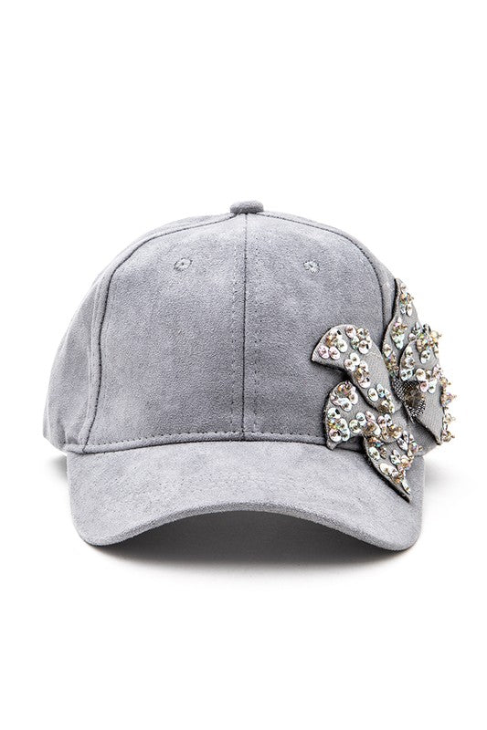 Grey Beaded Flower Suede Fashion Cap Front view