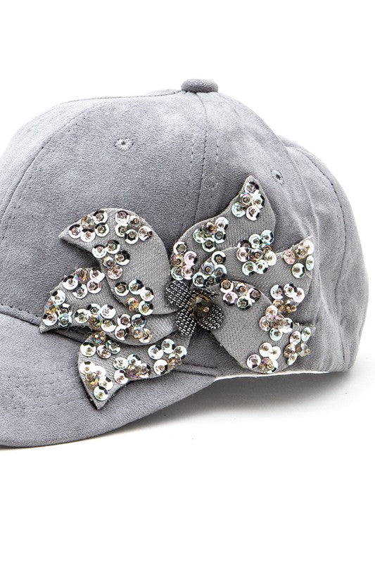 Grey Beaded Flower Suede Fashion Cap Side Up Close view