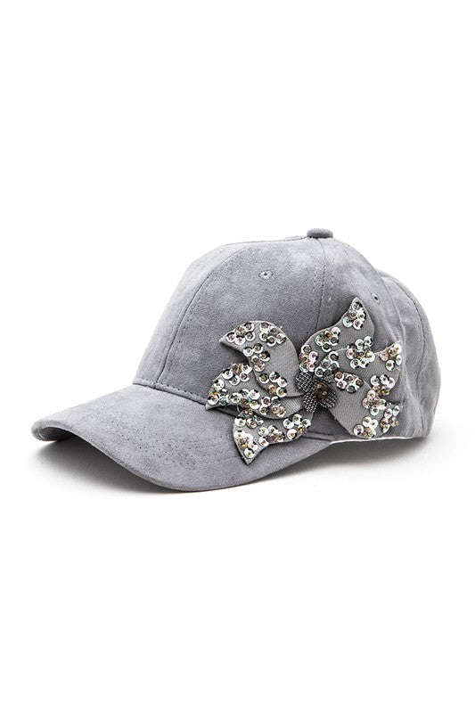 Grey Beaded Flower Suede Fashion Cap Side view