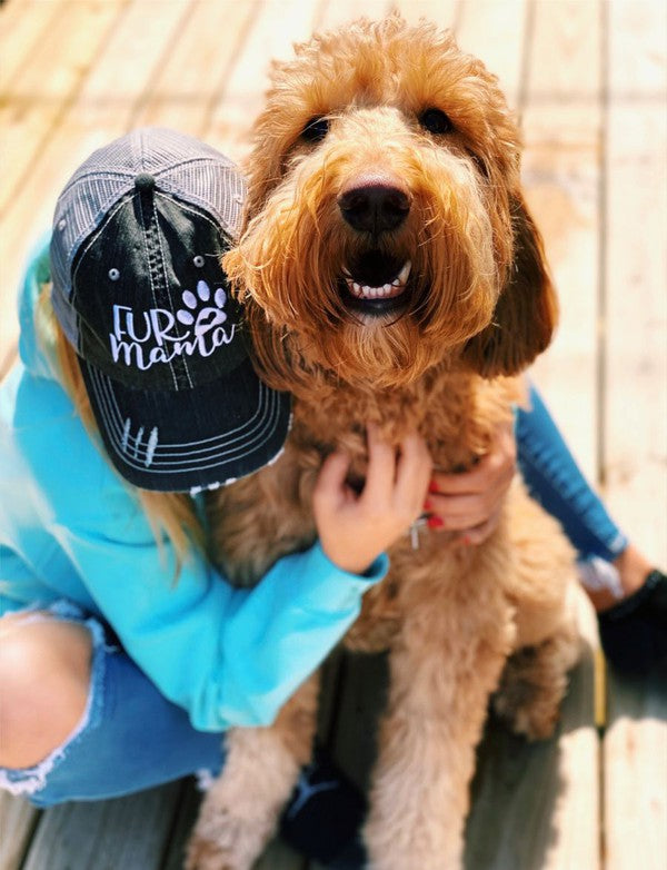 Grey Fur Mama Embroidered Trucker Hat on Model with Dog