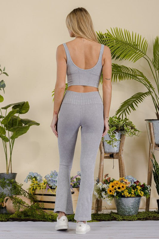 Grey Women's Stone Washed Ribbed Matching Yoga Set Back view
