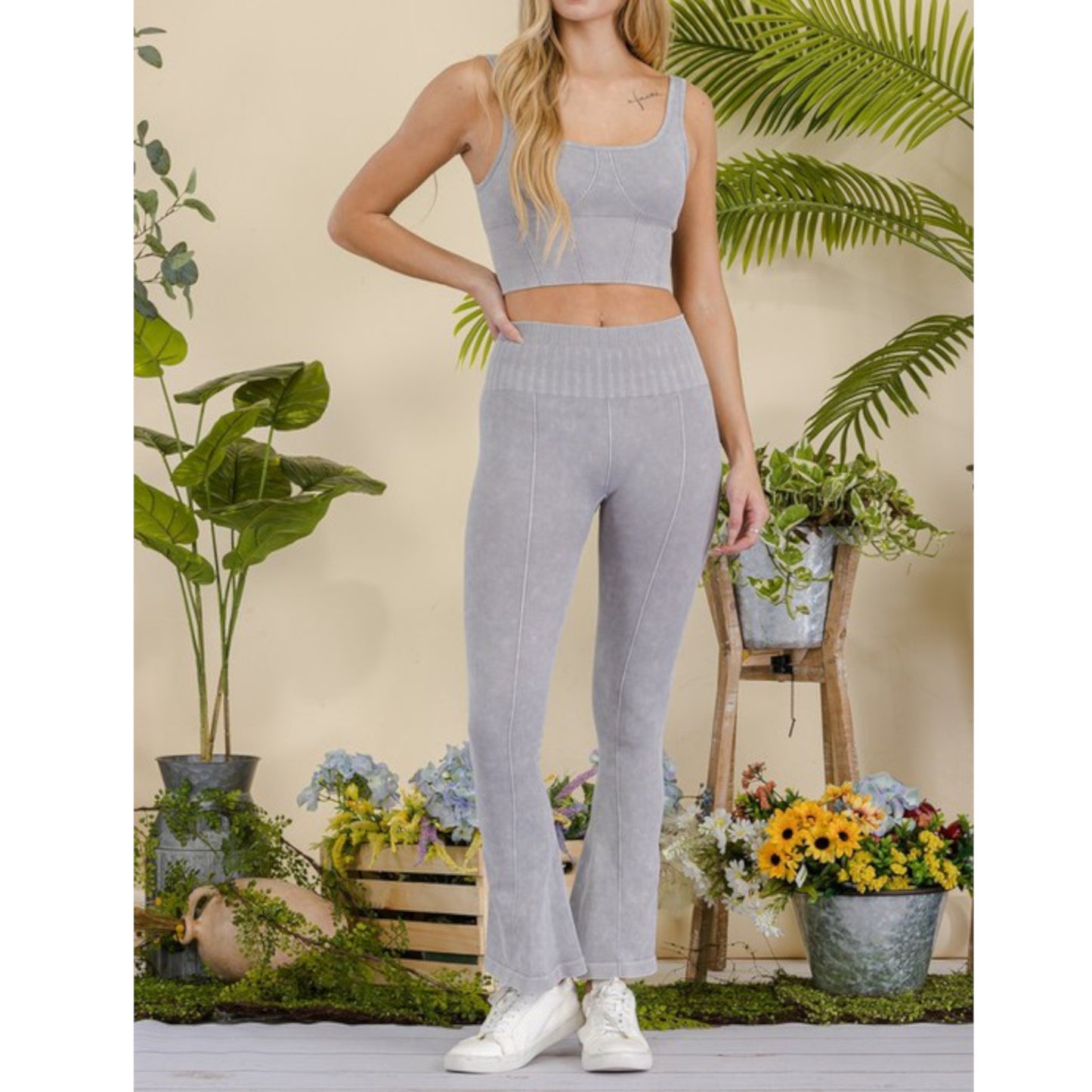 Grey Women's Stone Washed Ribbed Matching Yoga Set Front view 2
