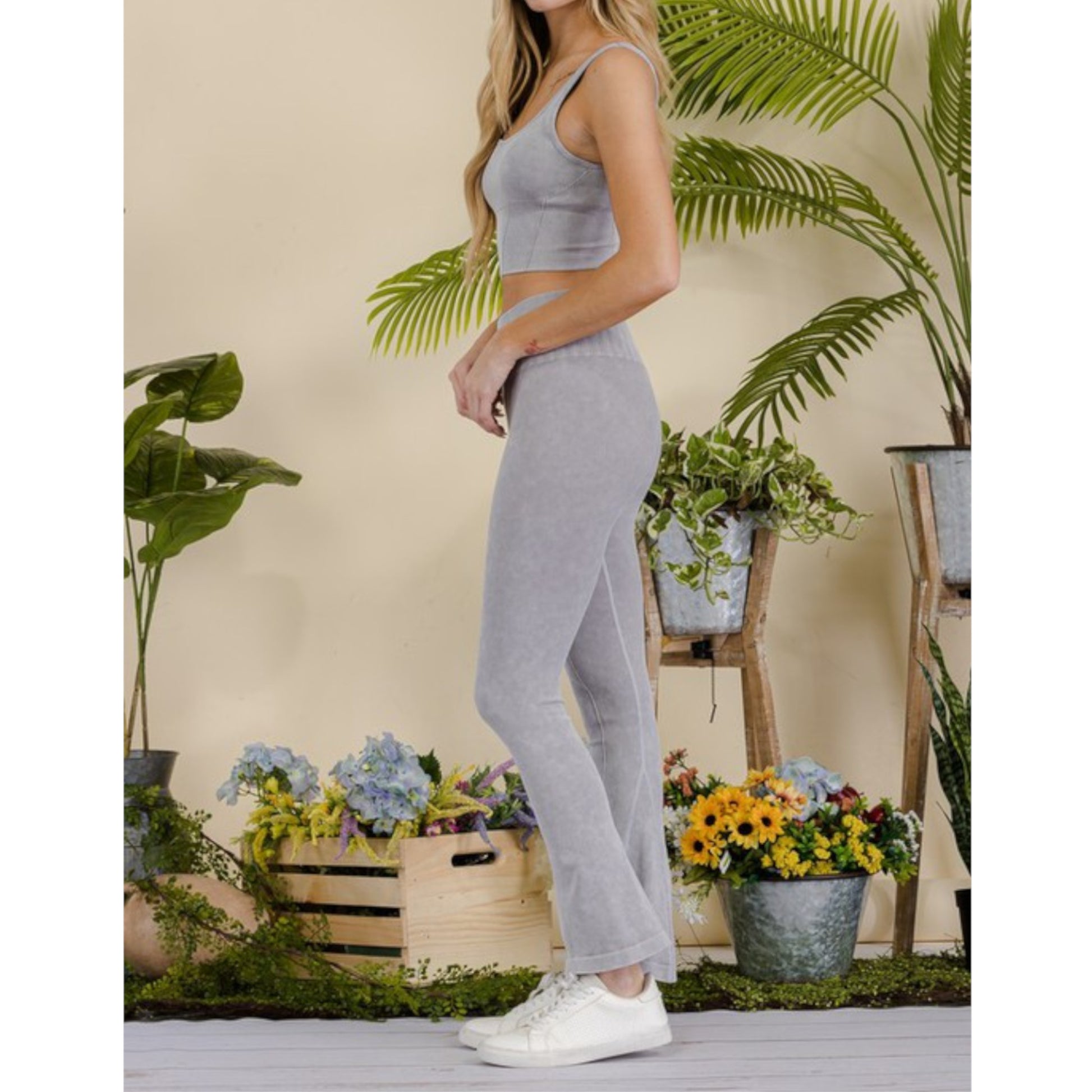 Grey Women's Stone Washed Ribbed Matching Yoga Set Side view