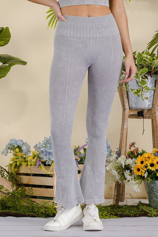 Grey Women's Stone Washed Ribbed Yoga Pants Front view Up Close