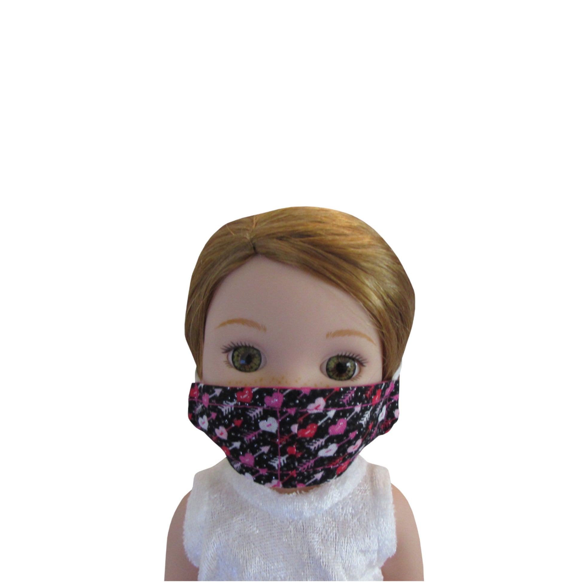 Hearts with Arrows on Black Print Doll Face Mask for 14 1/2-inch dolls with Wellie Wishers doll Front
