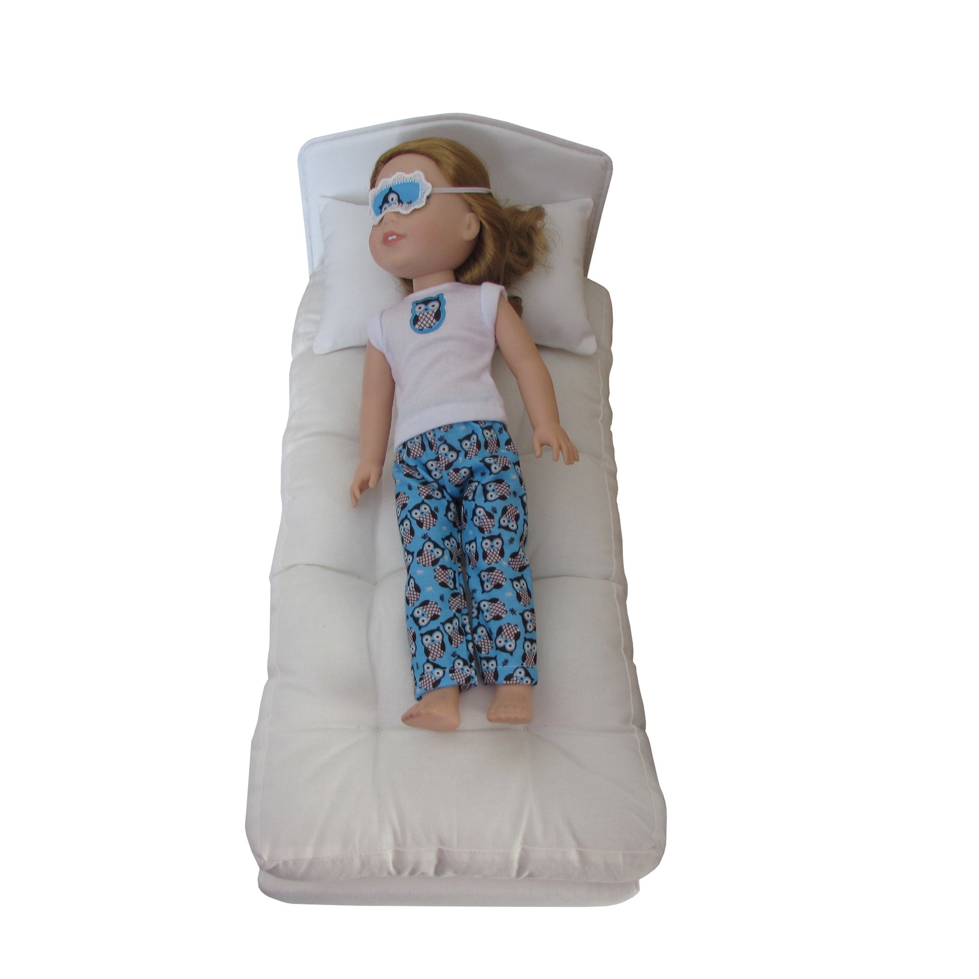 Hoot, Hoot Pajamas for 14 1/2-inch dolls with doll on white doll bed