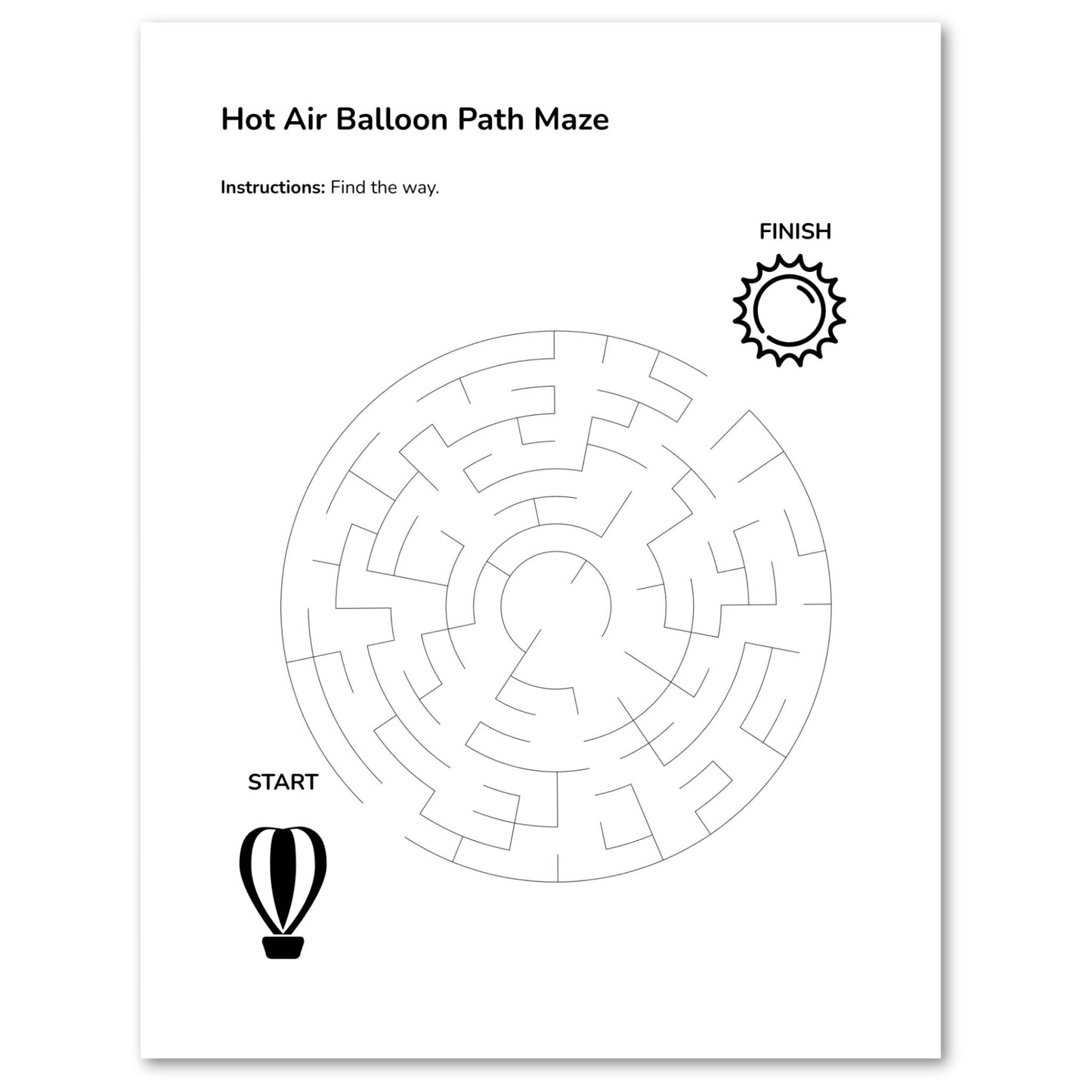 Hot air balloon path maze with start and finish markers on a white background
