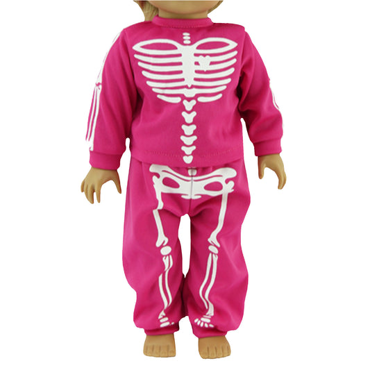 Hot Pink Skeleton Halloween Pajamas for 18-inch dolls with doll