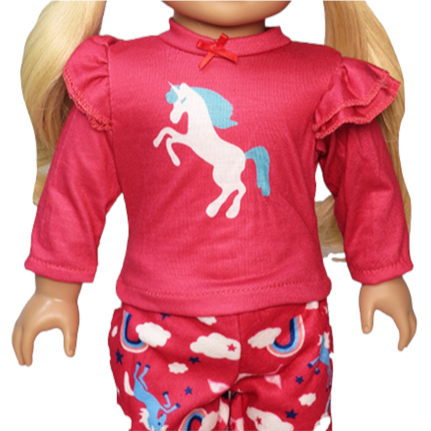 Hot Pink Unicorn Pajamas for 18-inch dolls with doll Up Close