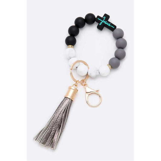 JESUS Cross Silicon Beaded Bracelet Key Chain Flat