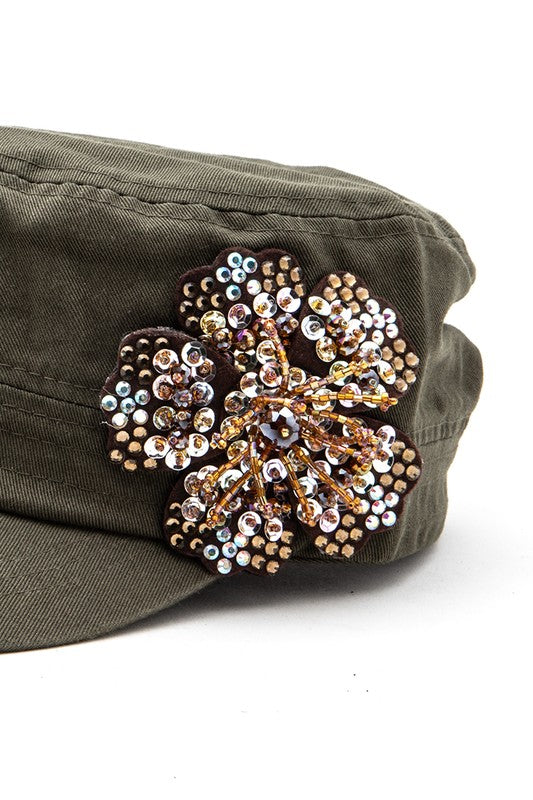 Khaki Beaded 3D Flower Statement Cadet Cap - Up Close Beaded 3D Flower