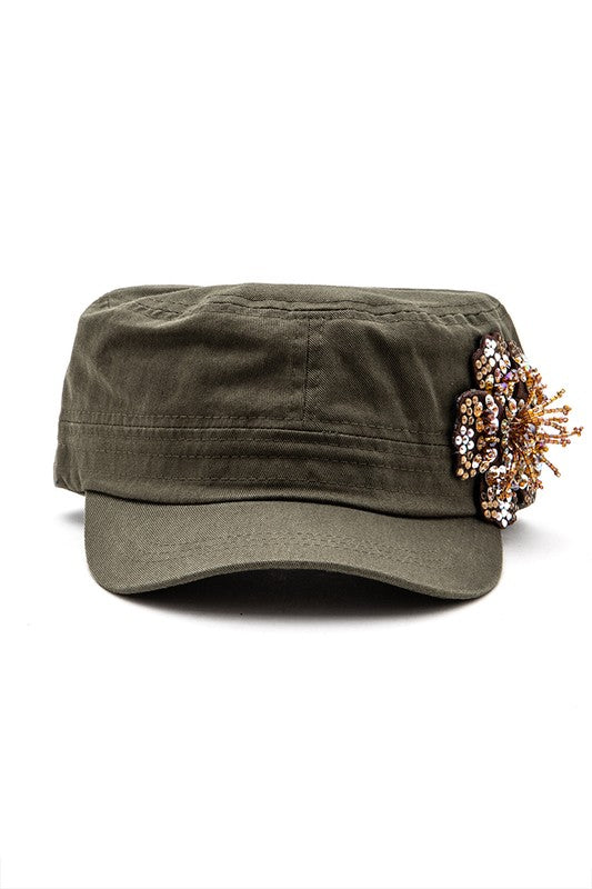 Khaki Beaded 3D Flower Statement Cadet Cap Front view