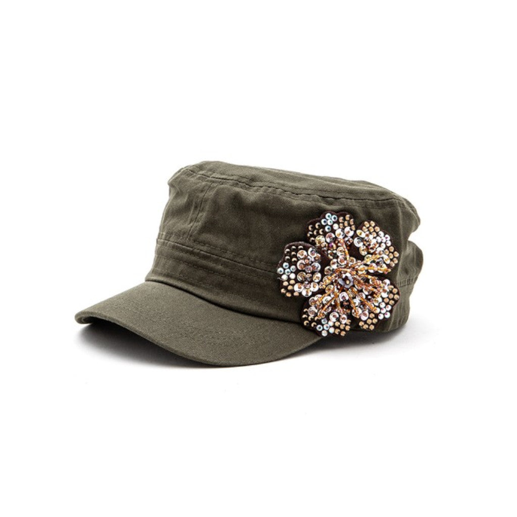 Khaki Beaded 3D Flower Statement Cadet Cap Side view