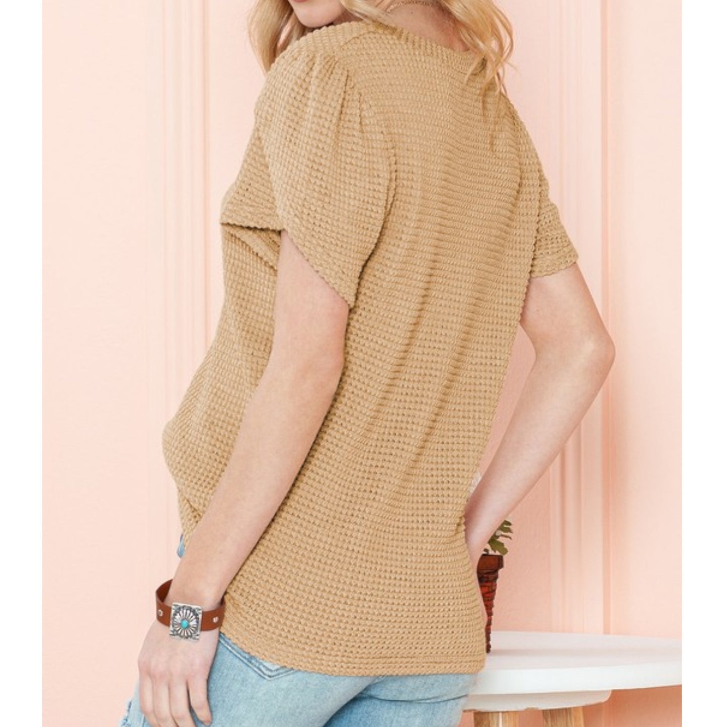 Khaki Beige Waffle Tulip Petal Sleeve Waffle Knit Shirt Side and Back view
