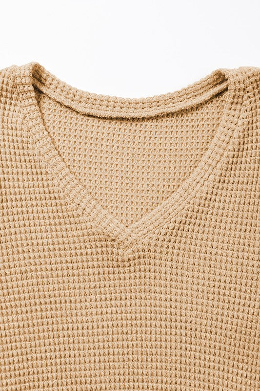Khaki Beige Waffle Tulip Petal Sleeve Waffle Knit Shirt V neck up close