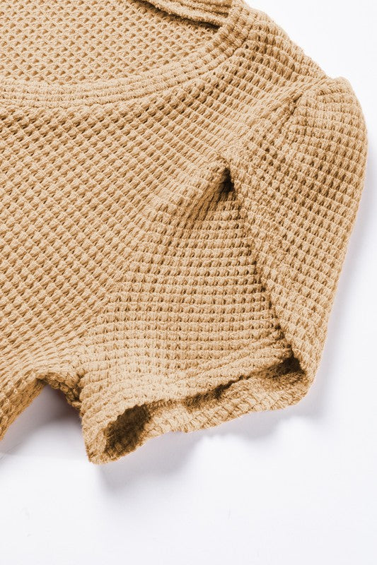 Khaki Beige Waffle Tulip Petal Sleeve Waffle Knit Sleeve up close