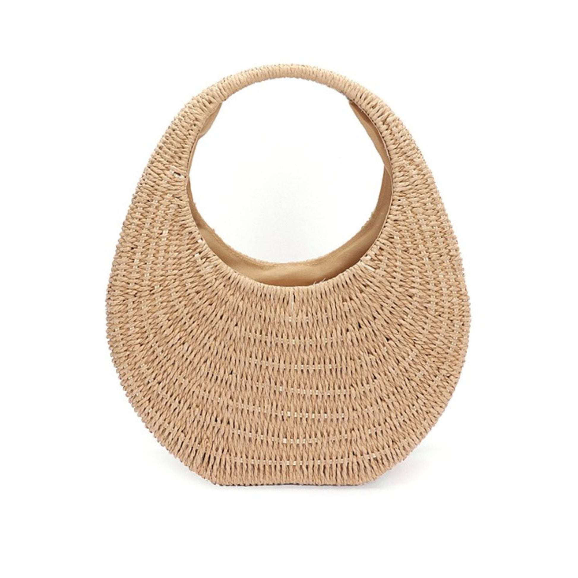 Khaki woven handbag on a white background