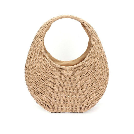 Khaki woven handbag on a white background