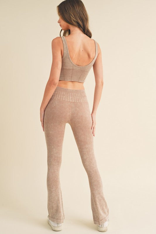Khaki Women's Stone Washed Ribbed Matching Yoga Set Back view