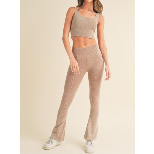 Khaki Women's Stone Washed Ribbed Matching Yoga Set Front view
