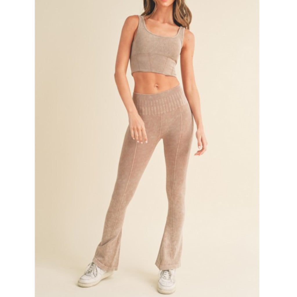 Khaki Women's Stone Washed Ribbed Yoga Pants Front view