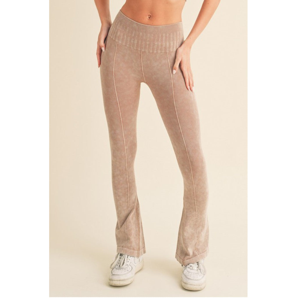 Khaki Women's Stone Washed Ribbed Yoga Pants Front view Up Close