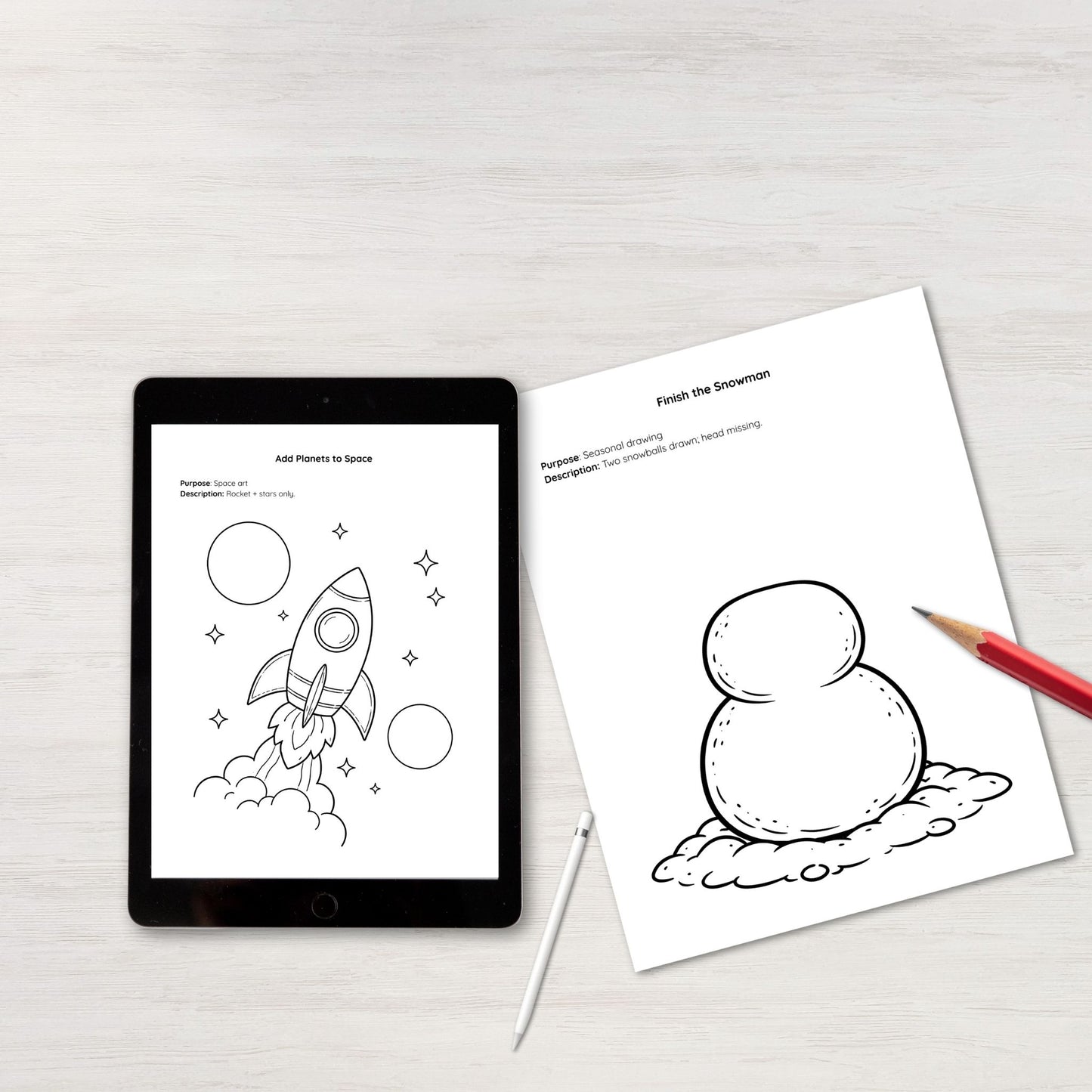 Art activity sheet and space-themed page on an iPad.