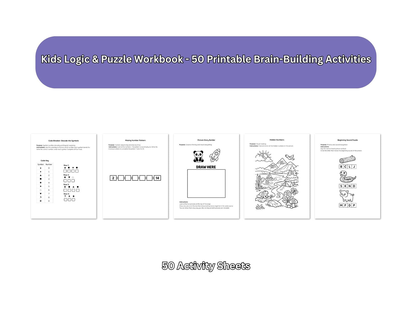 Cover of a Kids Logic & Puzzle Workbook with sample pages displayed.