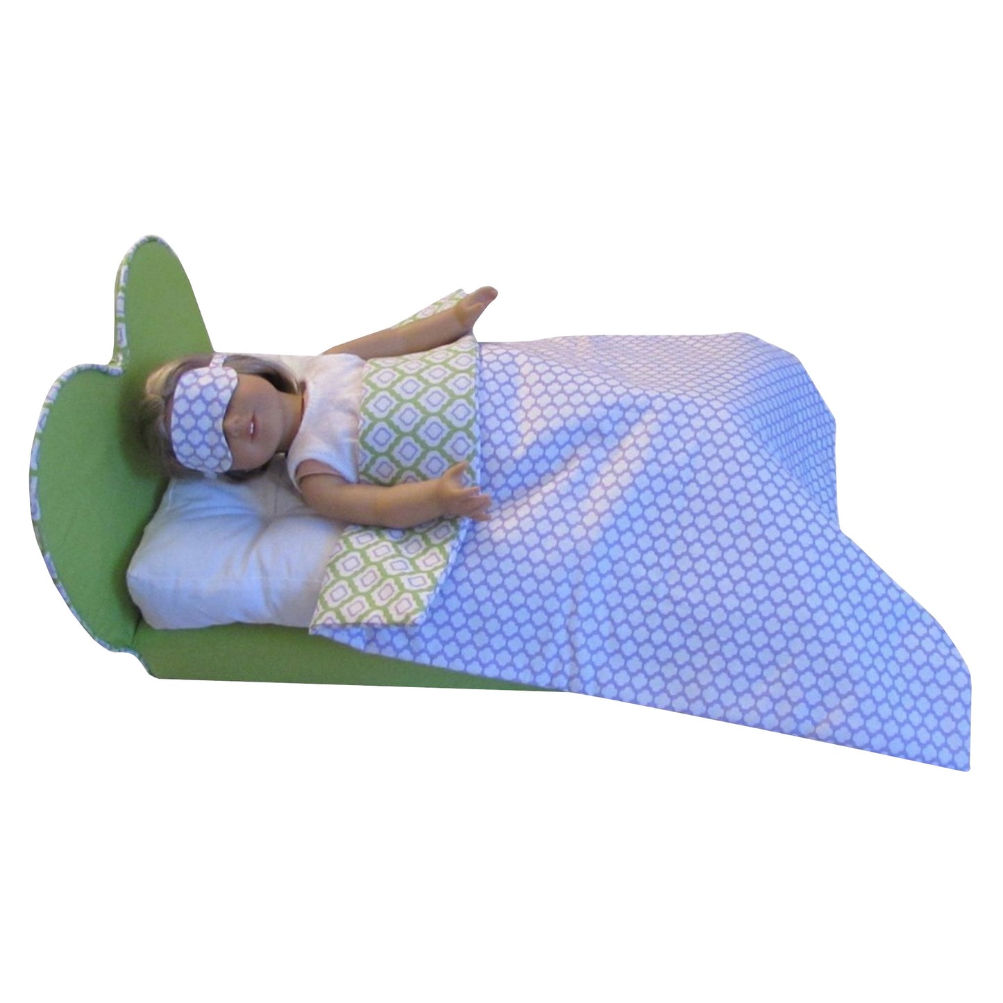Lavender Print Doll Sleep Mask, Green Heart Doll Bed, Doll, White Pajamas, Bedding for 18-inch dolls