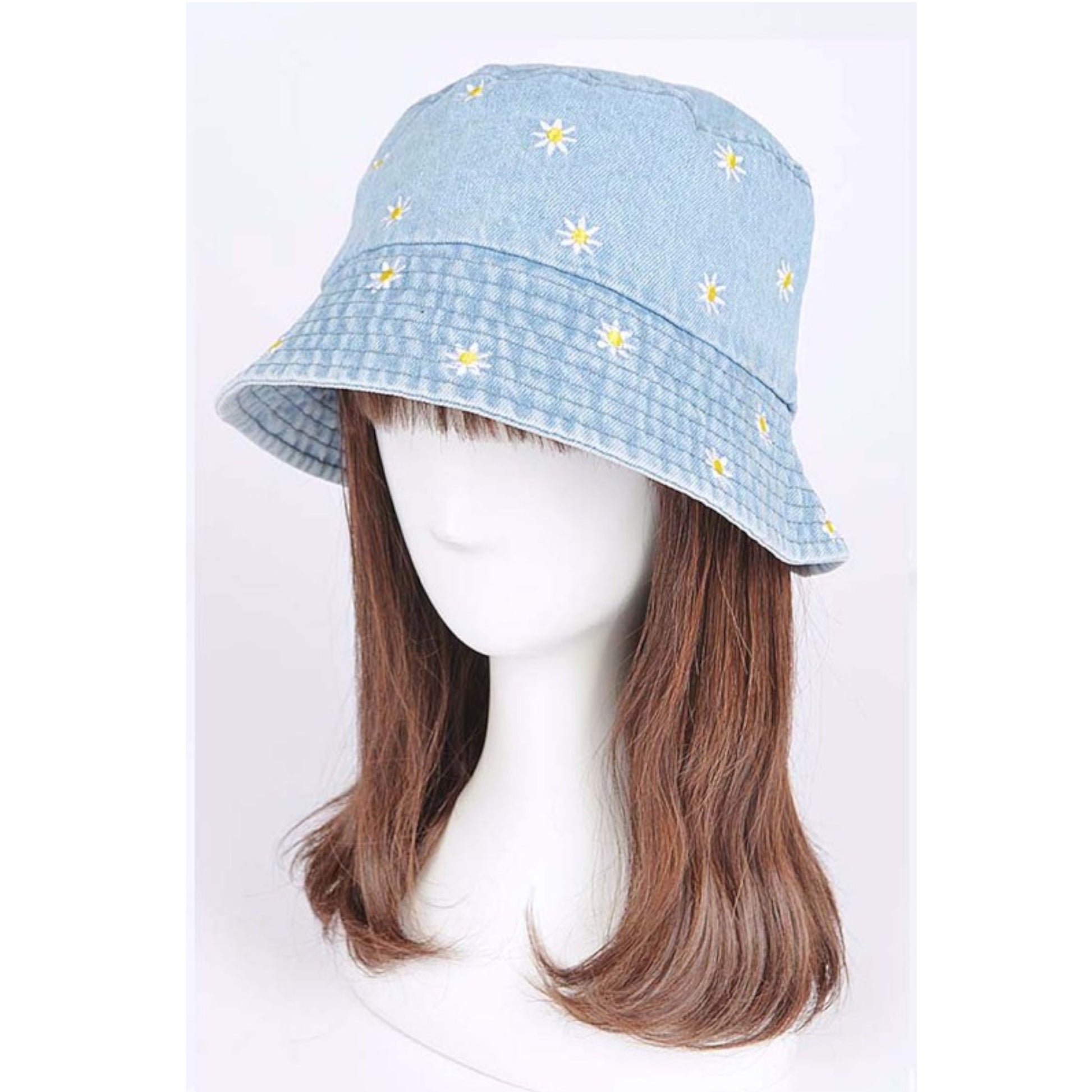 Light Blue Flower Embroidered Denim Bucket Hat on Mannequin Side view